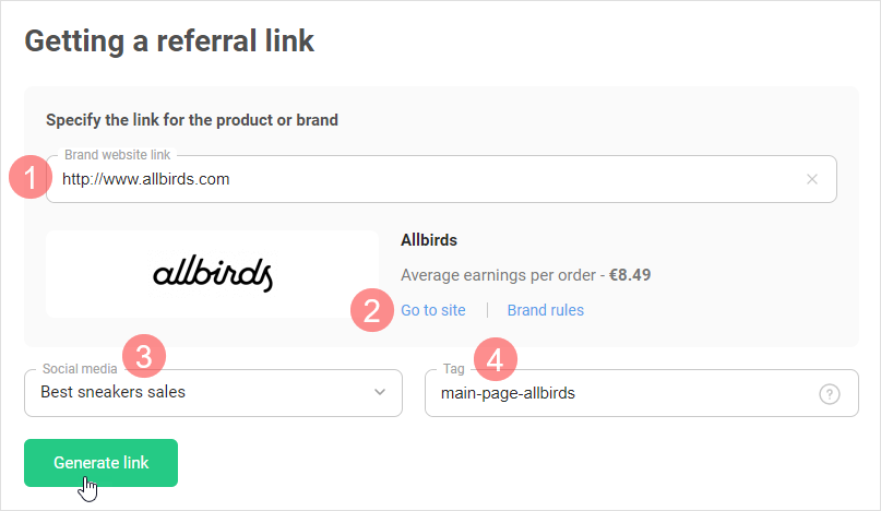 Creating a referral link under <b>Brands</b>
